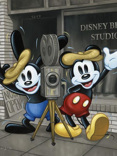 Mickey Mouse and Oswald the Lucky Rabbit ''Bros in Business'' Canvas Artwork by Tim Rogerson – 24'' x 24'' – Limited Edition